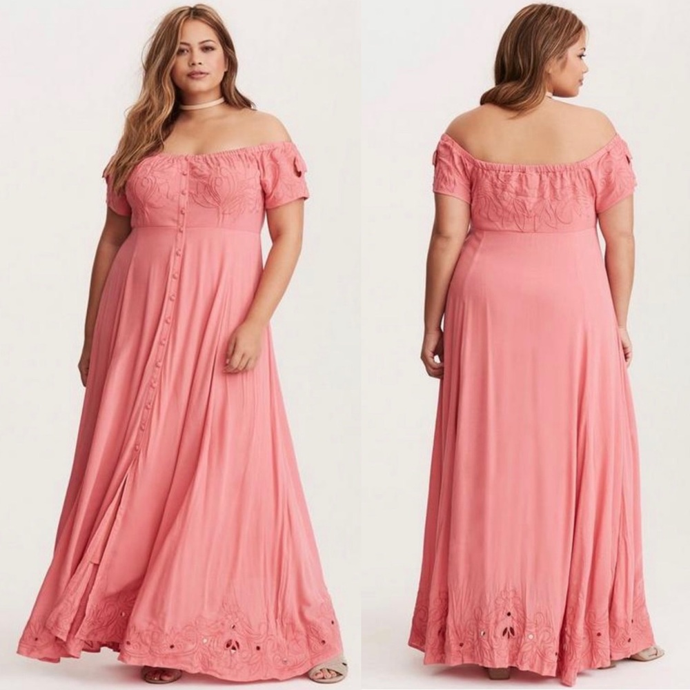 NWT Torrid Embroidered Off The Shoulder Maxi Dress Coral